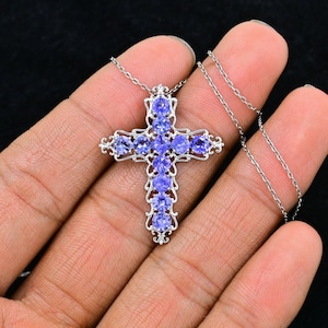 Natural Tanzanite Holy Cross 925 Sterling Silver Pendant Necklace December Birthstone Violet Blue Cut Tanzanite Jewelry Gif for Her Etsy