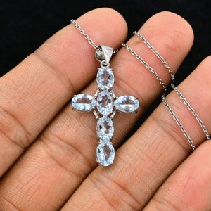 7x5mm Natural Aquamarine Charm Pendant, 925 Sterling Silver Holy Cross, Aquamarine Jewelry, March Birthstones Pendant Necklace, Gift For Her