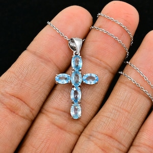 Holy Cross Pendant Necklace, Natural Blue Zircon Holy Cross, 925 Sterling Silver, December Birthstone, Blue Zircon Jewelry, Gif For Birthday