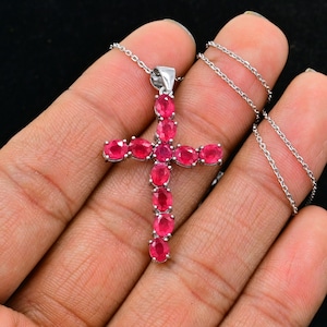 Holy Cross Pendant, Natural Red Ruby Pendant Necklace, 925 Sterling Silver, July Birthstone, Ruby Jewelry, Anniversary Gift, Gift For Her