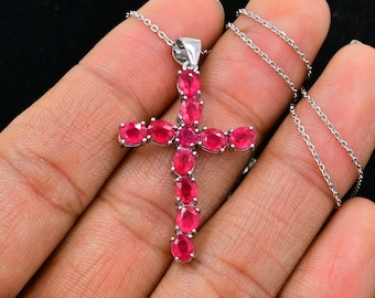 925 Sterling Silver Cross, Natural Ruby Cross Pendant, Holy Cross Pendant Necklace, July Birthstone, Ruby Pendant With Chain, Gif For Her