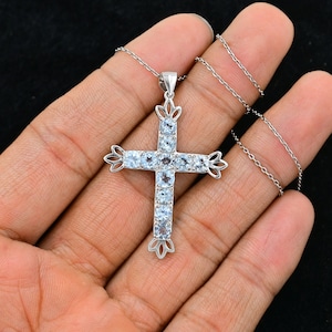 925 Sterling Silver, Natural Aquamarine Cross Necklace Pendant, Holy Cross Pendant, Cut Aquamarine Jewelry, March Birthstones, Gift For Her