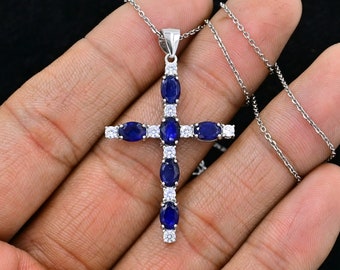 6x4mm Natural Blue Sapphire Holy Cross Pendant Necklace, 925 Sterling Silver, September Birthstone, Blue Cut Sapphire Jewelry, Gift For Her