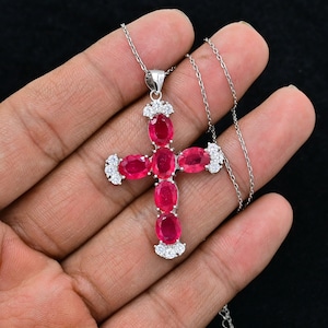 6x8mm Natural Ruby Cross Pendant, 925 Sterling Silver, Holy Cross Pendant Necklace, July Birthstone, Oval Cut Red Ruby Jewelry, Gif For Her