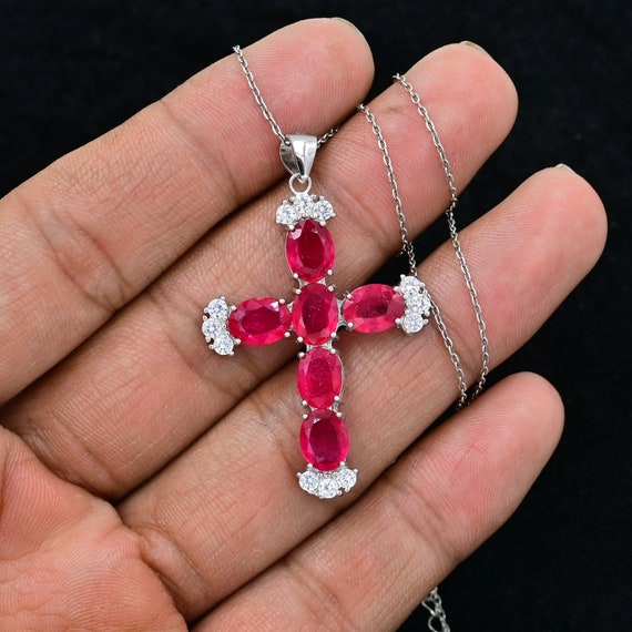6x8mm Natural Ruby Cross Pendant, 925 Sterling Silver, Holy Cross