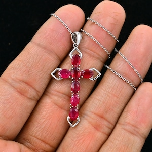 925 Sterling Silver, Natural Red Ruby Holy Cross, Charm Pendant, July Birthstone, Oval Ruby Jewelry, Birthday Gift For Her, Pendant Necklace