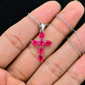 6x4mm Natural Ruby Cross Pendant, 925 Sterling Silver Cross, Holy Cross Pendant Necklace, July Birthstone, Cut Ruby Jewelry, Gif For Her