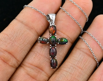 6x4mm Natural Black Opal Holy Cross, 925 Sterling Silver, Pendant Necklace, October Birthstones, Ethiopian Welo Black Cab Opal, Gift For Her