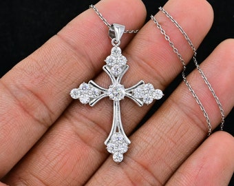 925 Sterling Silver, Round Cut Moissanite Cross, Holy Cross Pendant Necklace, April Birthstone, Moissanite Jewelry, Birthday Gift For Her