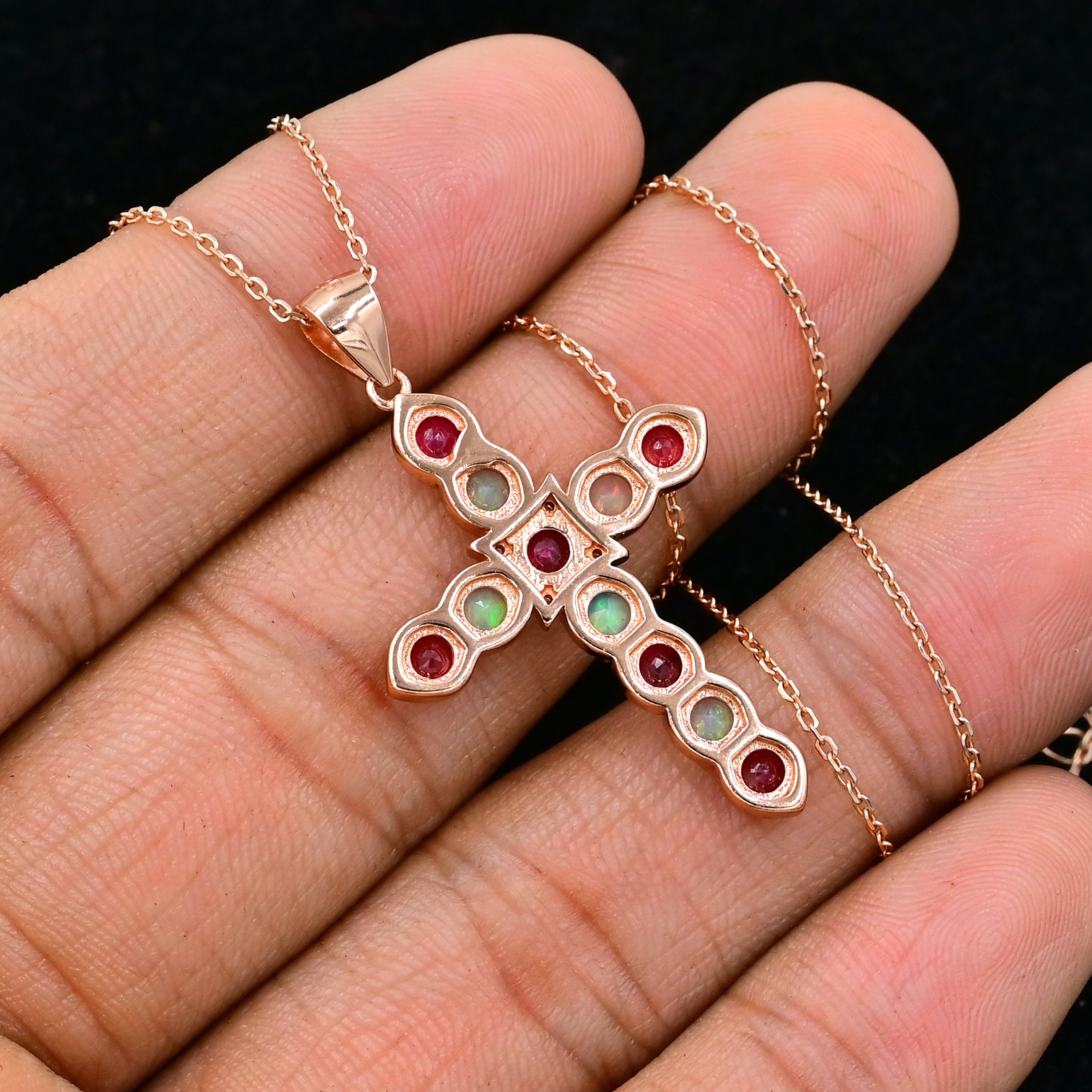 Natural Ethiopian Opal & Red Ruby Cross, 925 Sterling Silver, Holy ...