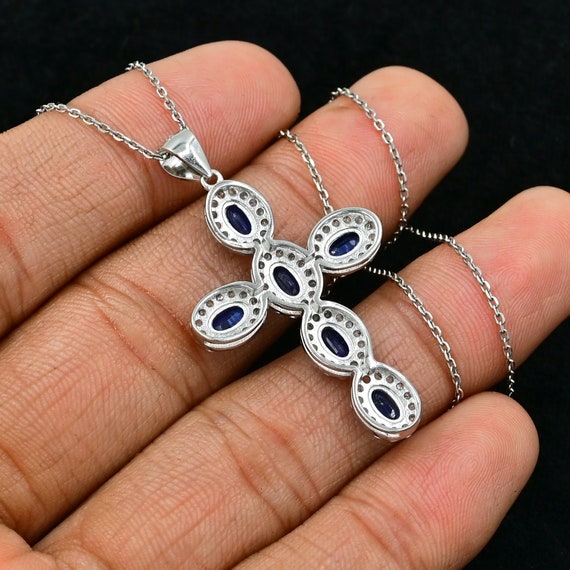 6 x 4 mm 天然ブルーカイヤナイトクロス、925 スターリングシルバー 