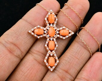 Sainte-Croix en corail japonais naturel 6 x 4 mm, argent sterling 925, collier avec pendentif, pierre de naissance en mai, bijoux en corail orange, gif d'anniversaire pour elle