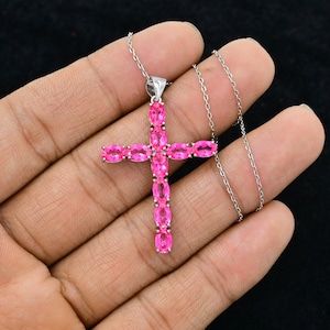 Natural Pink Topaz Cross Pendant, 925 Sterling Silver, Holy Cross Pendant Necklace, December Birthstone, Pink Topaz Jewelry, Gift For Her