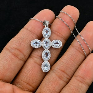925 Sterling Silver Pendant Necklace, Natural Aquamarine Holy Cross, March Birthstone, Cross With Chain, Aquamarine Jewelry, Gift For Her