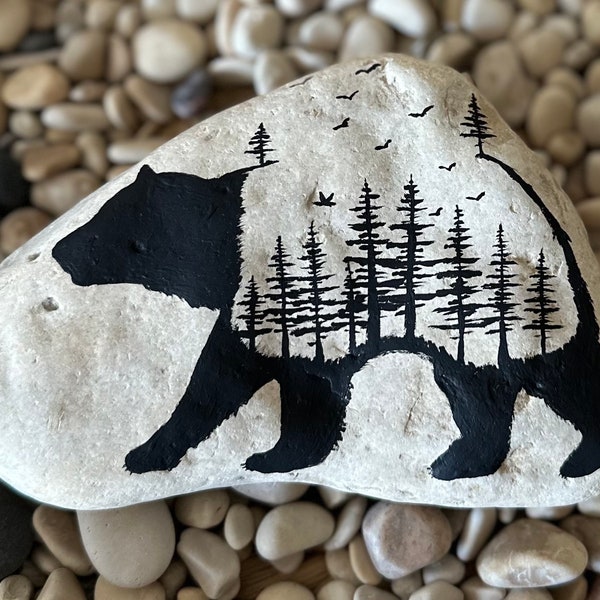 Black bear, Spirit Animal, Rock Painting, Natural Stone