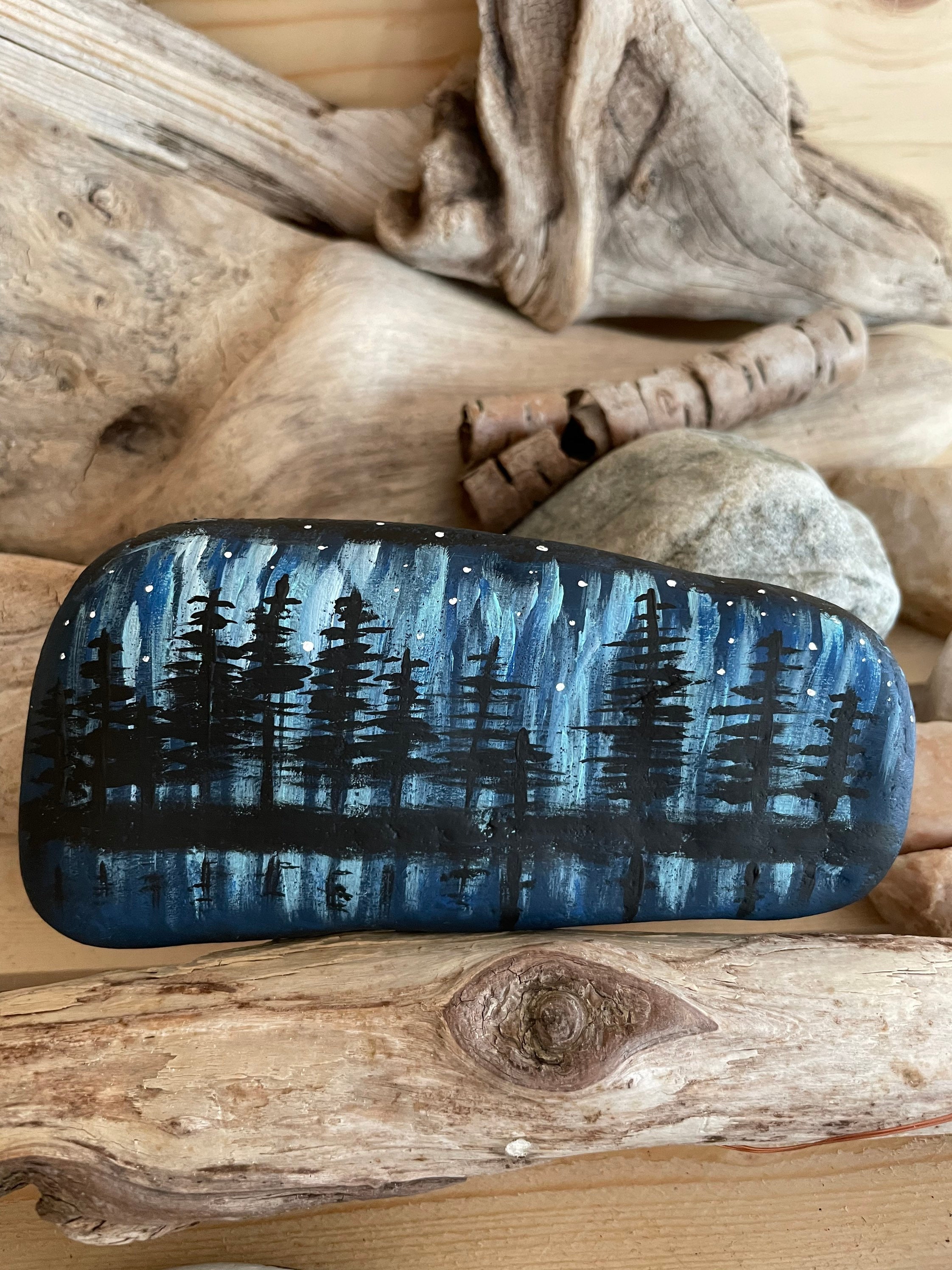 Northern Lights Painted Rock Nature Scene Unique Gift Etsy