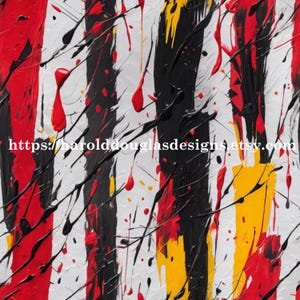 May include: Abstract artwork featuring vertical stripes in red, black, and yellow on a white backdrop. Black paint splatters and drips create a dynamic effect. The text "https://harolddouglasdesigns.etsy.com" is visible at the bottom.