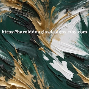 May include: Abstract painting with thick brushstrokes in shades of green, gold, black, and white. The artwork features a textured surface with visible paint layers. The Etsy shop URL is visible in the image.