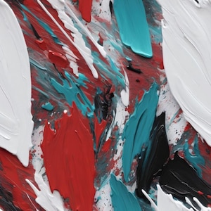 May include: Abstract art piece with thick brushstrokes in red, white, black, and teal. The artwork features a textured surface with a dynamic composition of layered paint, creating a visually striking effect.