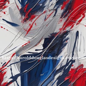 May include: Abstract art painting with bold strokes of red, white, silver, and navy blue. The artwork features a textured surface with dynamic, expressive brushwork. The composition is a modern, energetic design.