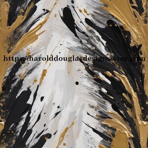 May include: Abstract art piece with a dynamic composition of black, white, and gold paint splatters. The artwork features bold brushstrokes and a textured surface, creating a sense of movement and depth. The Etsy shop URL is visible at the bottom.