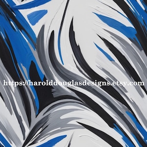 May include: Abstract painting with a white background and dynamic brushstrokes in shades of blue, black, and gray. The Etsy shop URL is visible at the bottom of the image.