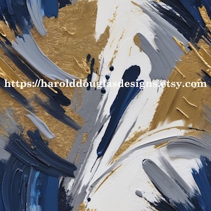 May include: Abstract painting with textured brushstrokes in gold, navy blue, gray, and white. The artwork features bold, layered strokes and the text "https://harolddouglasdesigns.etsy.com".