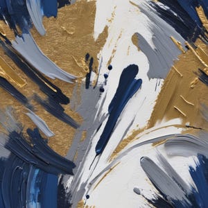 Op de afbeelding: Abstract schilderij met gedurfde streken in goud, blauw en grijs. De kleuren zijn levendig en creëren een dynamische compositie.