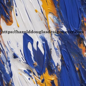 May include: Abstract artwork featuring bold brushstrokes in blue, white, and yellow. The paint is applied in a textured, layered manner, creating a dynamic and expressive piece. The Etsy shop URL is visible in the image.