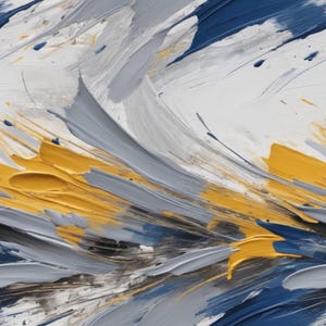 May include: Abstract painting with bold strokes of yellow, blue, and gray paint. The colors are vibrant and create a dynamic composition.