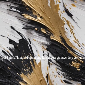 May include: Abstract art piece with a textured surface. The artwork features bold strokes of gold, black, and white paint, creating a dynamic and expressive composition. The Etsy shop URL is visible at the bottom.