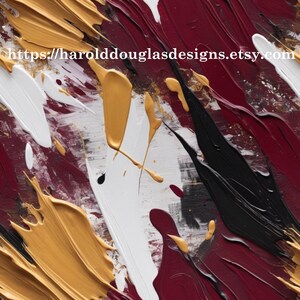 May include: Abstract painting with thick brushstrokes in gold, white, black, and burgundy. The artwork features a textured surface with visible paint layers and the text "https://harolddouglasdesigns.etsy.com".