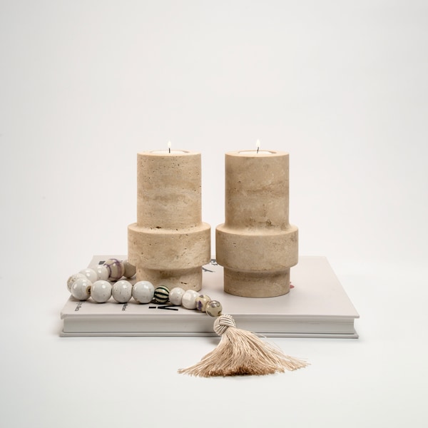 Troy Candle Holder - semi polished travertine candle holder for tealights for setting cosy settings at home