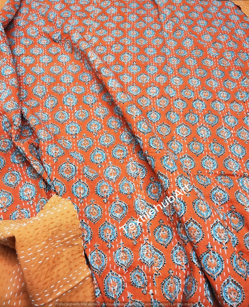 Orange Kantha Quilt, Hand Block Art Bedspread Kantha Quilt Handmade