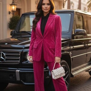 Hot Pink Crushed Velvet Blazer & Trousers Set | Women's Party Suit image 9