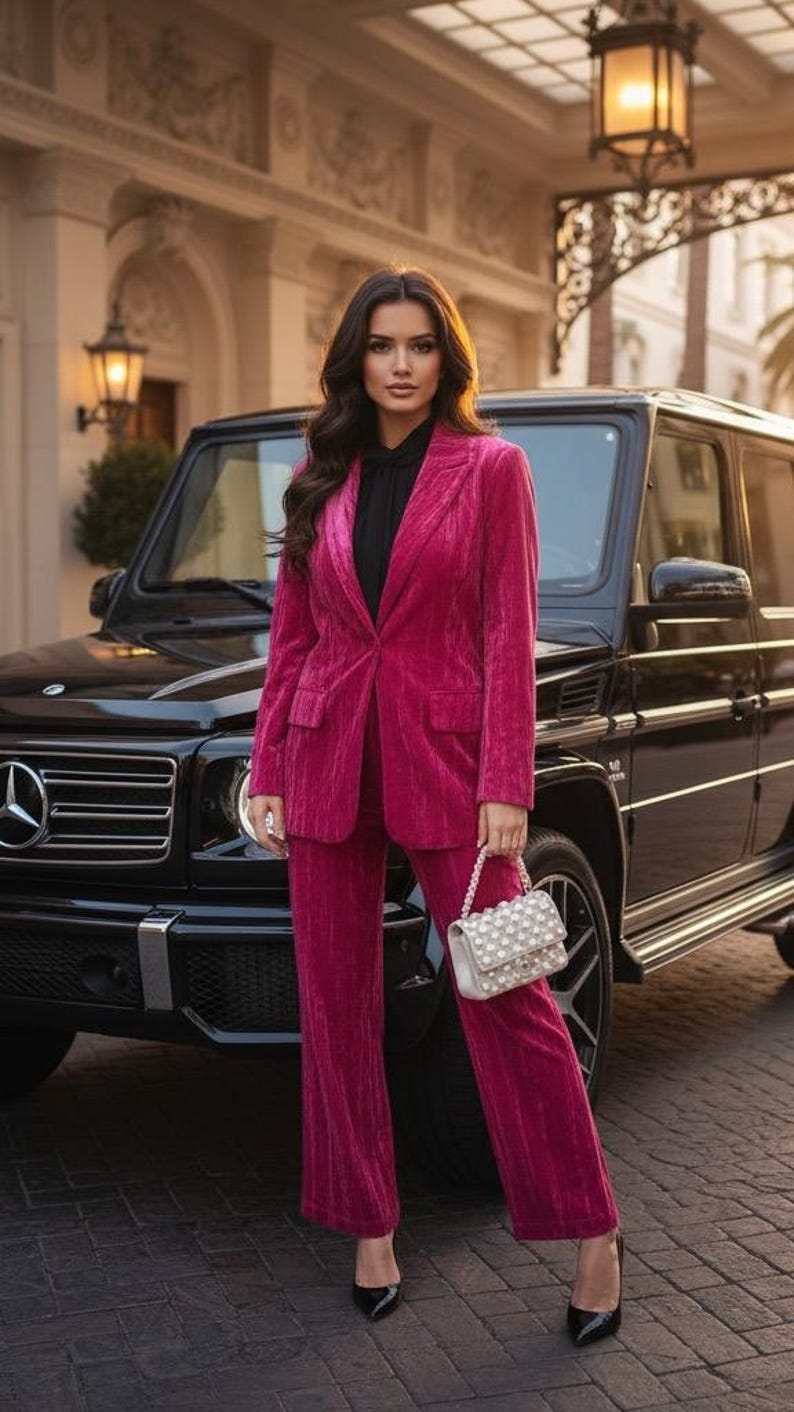 Hot Pink Crushed Velvet Blazer & Trousers Set | Women's Party Suit image 9