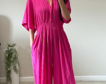Hot Pink Pleated Jumpsuit | Crinkle Fabric, Ruffle Hem