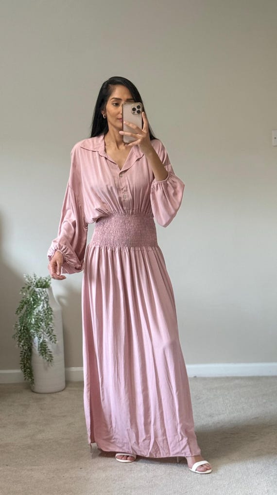 pink satin maxi dress long sleeve Blush Pink Satin Maxi Dress