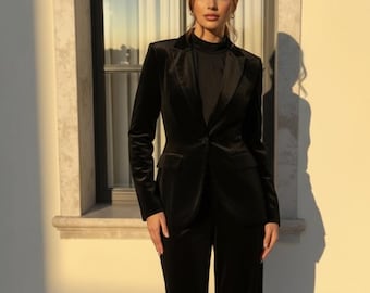Black Velvet Suit: Women's Tailored Blazer & Wide Leg Trousers