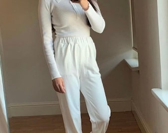 White Cuffed Ankle Joggers - Elasticated Waistband, Side Pockets