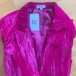 May include: A magenta velvet blazer with a notched collar and a single button closure. The blazer has a satin lining and a label that reads "Niche Couture" and "12".