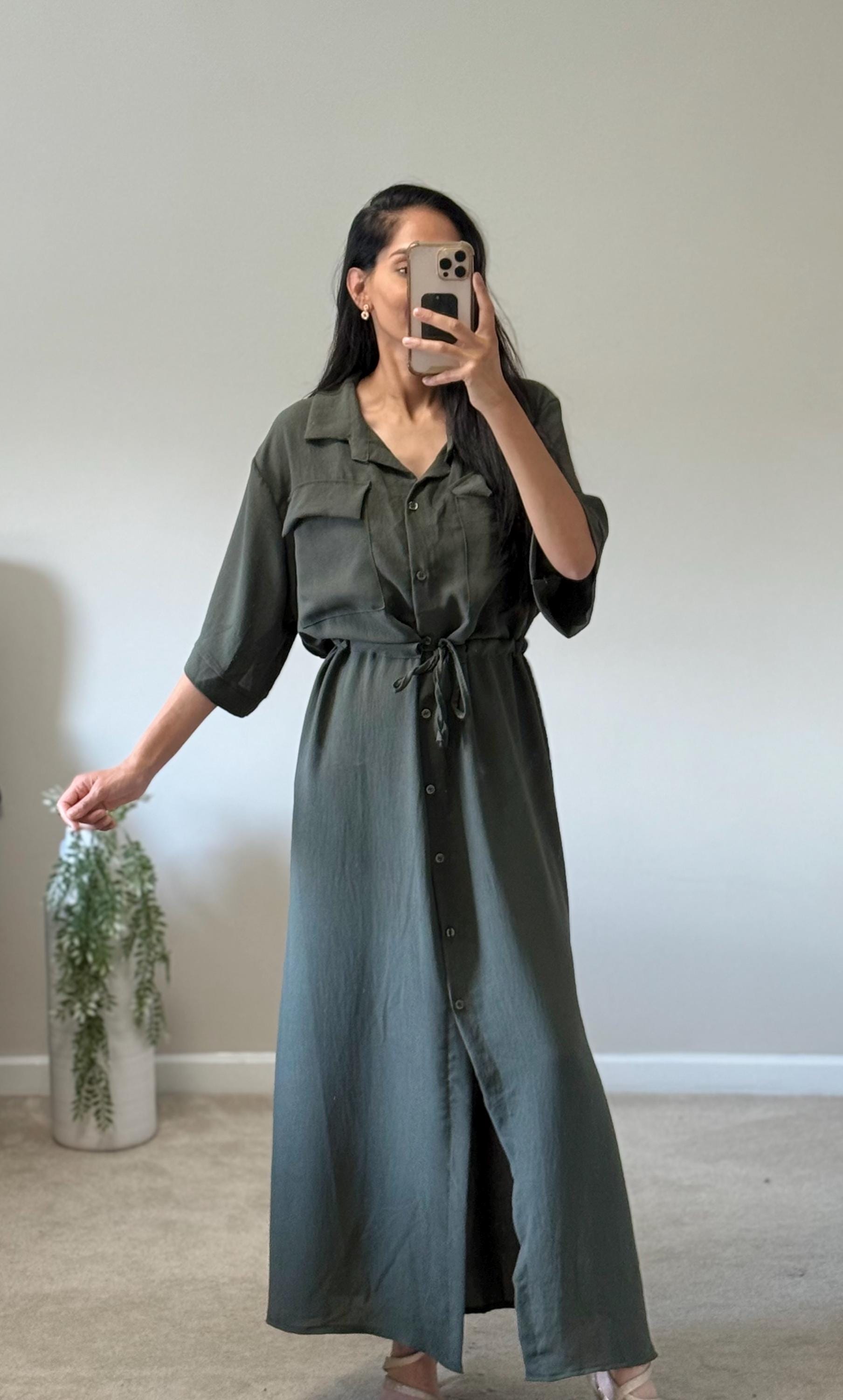 h&m olive green shirt dress Women's Khaki Belted Poplin down front and adjustable waist tie Olive Green Maxi Dress |