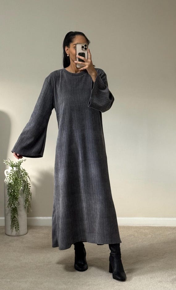 Grey Corduroy Maxi Dress | Modest Flared Sleeve Winter Abaya - Etsy Israel