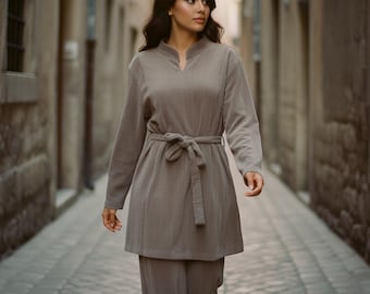Taupe Corduroy Coord Set Belted Tunic   | Minimalist Wide Leg Outfit