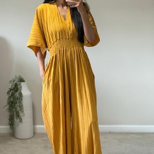 Mustard Yellow Pleated Wide-Leg Jumpsuit | Ruffle Hem | Boho Summer Outfit | Resort Wear | Casual Chic