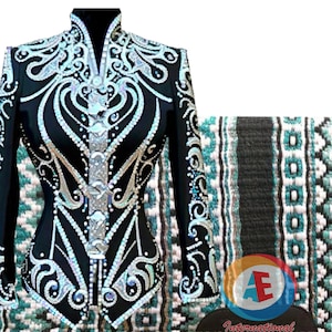 May include: A black equestrian show jacket featuring intricate silver and iridescent sequin embellishments in swirling patterns, paired with a matching rectangular saddle pad with a black, white, and teal geometric woven design.