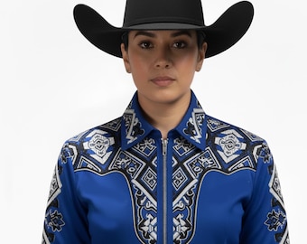 Hand-Embellished Blue Western Show Shirt: Equestrian Rodeo Apparel