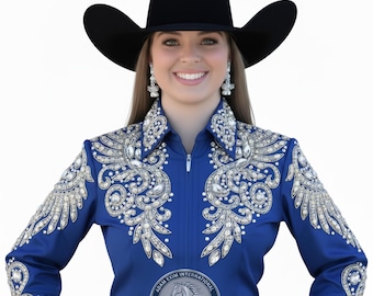 Handgedecoreerd blauw western showshirt: paardensport- en rodeo-kleding