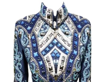 Camisa y chaqueta de riel para mujer con diseño de reina del rodeo personalizado del oeste, exhibición, equitación, exhibición de placer occidental.