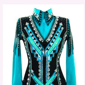 May include: A black and turquoise show jacket with a geometric design and rhinestones.
